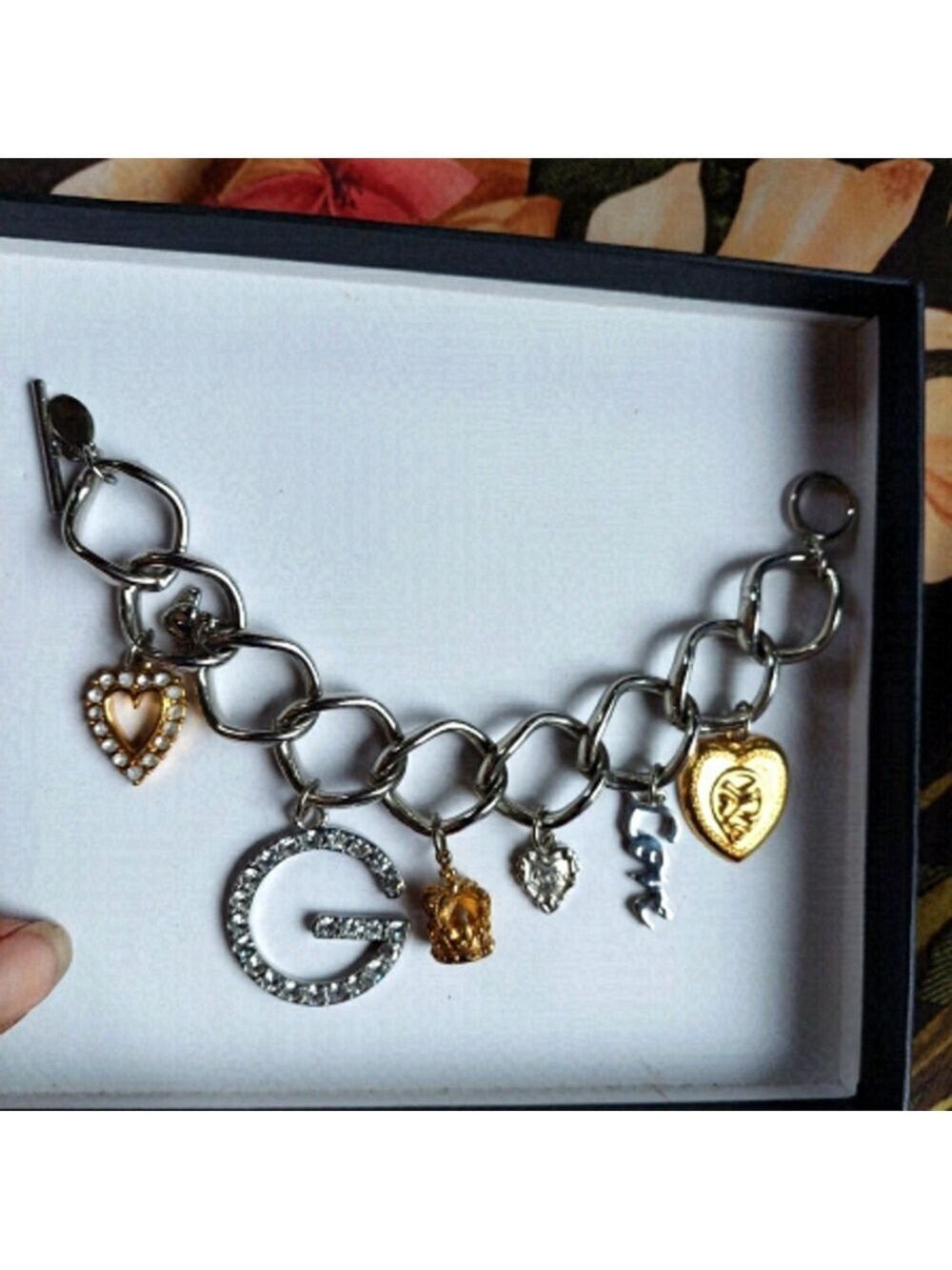 Vintage GUESS Mixed Metal with Crystal Rhinestone Charm Bracelet
